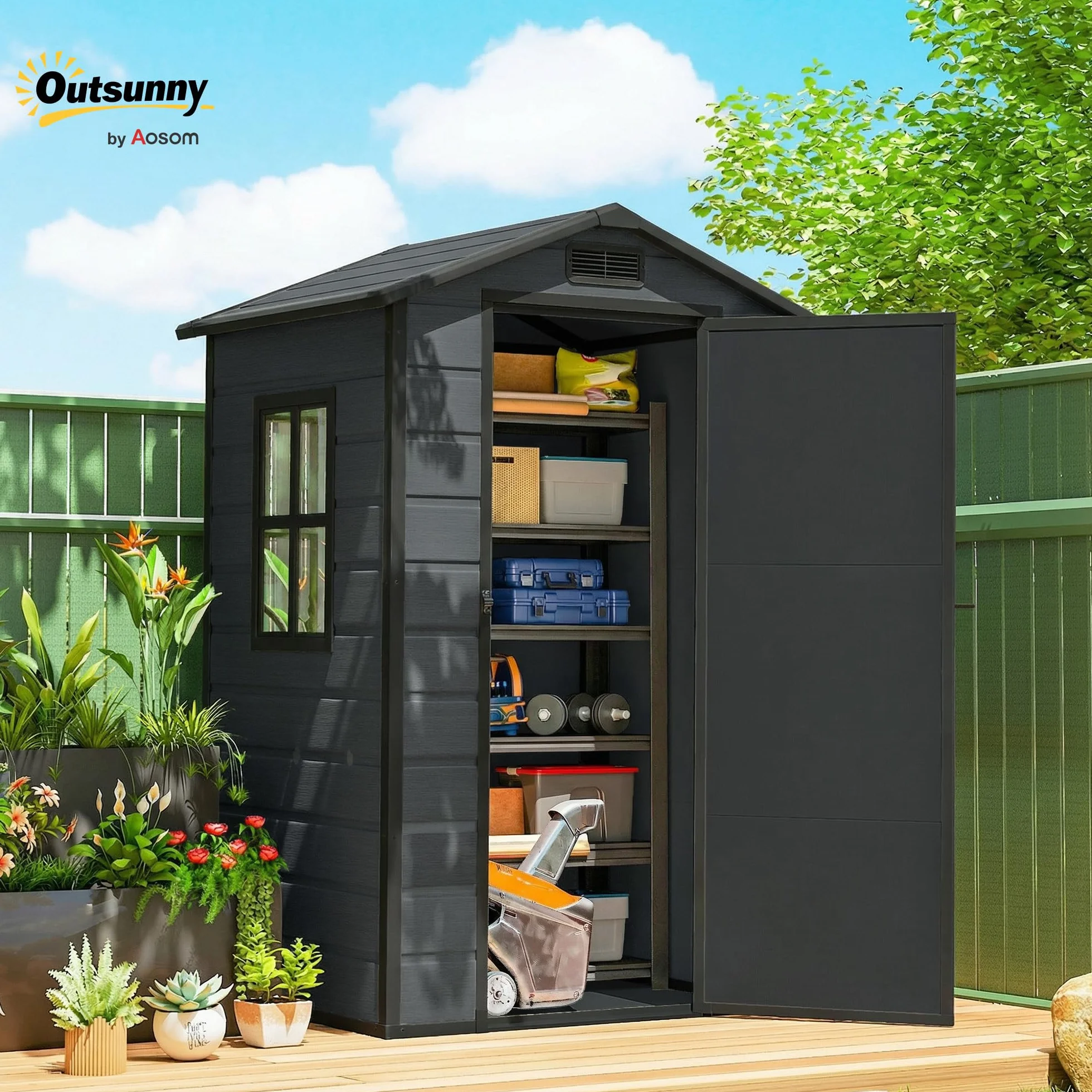 Outsunny Caseta de Jardín Exterior 1,09 m² 128x104x196 cm Cobertizo de Plástico con Suelo Puerta con Cerradura Gris Oscuro