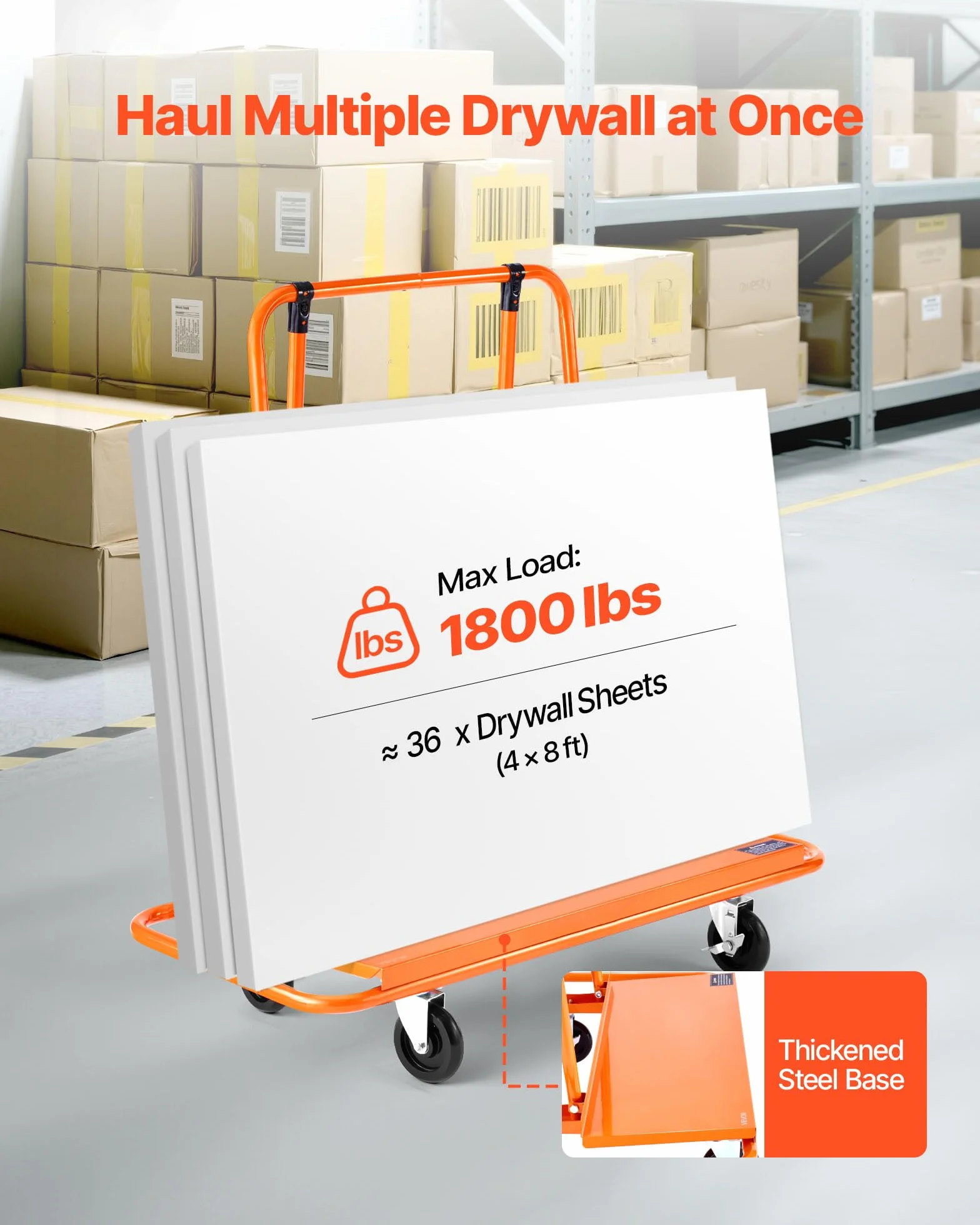 VEVOR Carro para Paneles 816 kg 4 Ruedas Giratorias Correa de Tensión 1150 x 555 x 1180 mm Naranja
