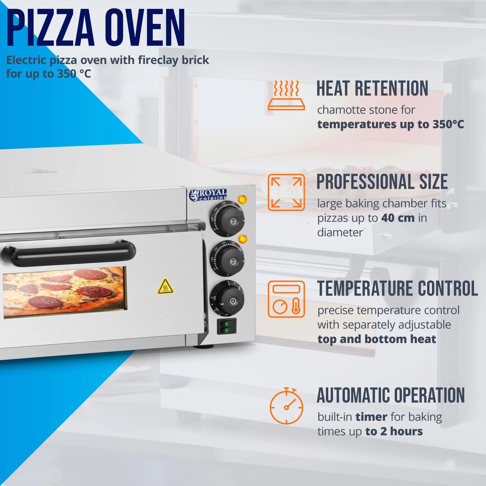 Royal Catering Horno eléctrico para pizza RCPO-2000-1PE 2000 W arcilla refractaria 40x40x1,5 cm temporizador 120 min