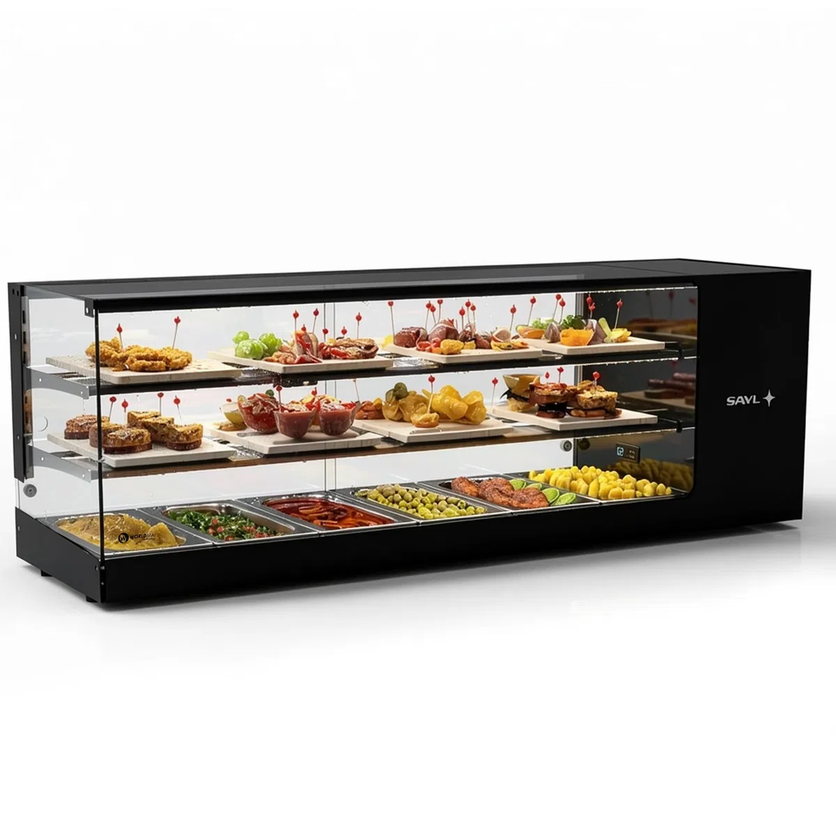 Vitrina de Tapas Logic WORLDMAI x SAYL, 132 x 38 cm, 3 Pisos y 6 cubetas GN 1/3 para hostelería. Vitrina expositora refrigerada Profesional de sobremesa con iluminación LED, para Bar y Restaurante.