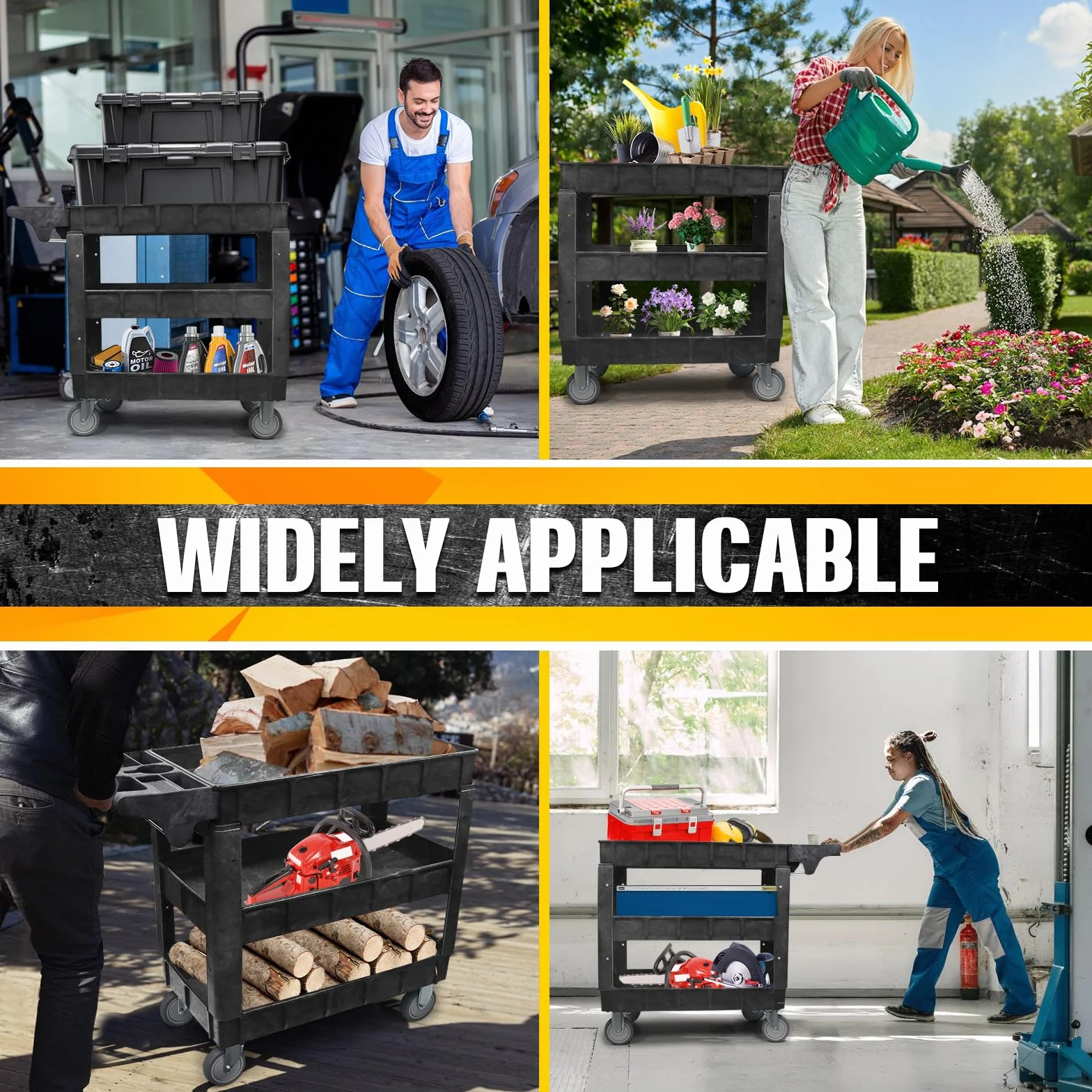 Carro de Taller de 3 Niveles (103×44×85 cm), Capacidad 250 kg – estantes Ajustables, Ruedas giratorias y Mango con Compartimentos – mazo de Goma Incluido