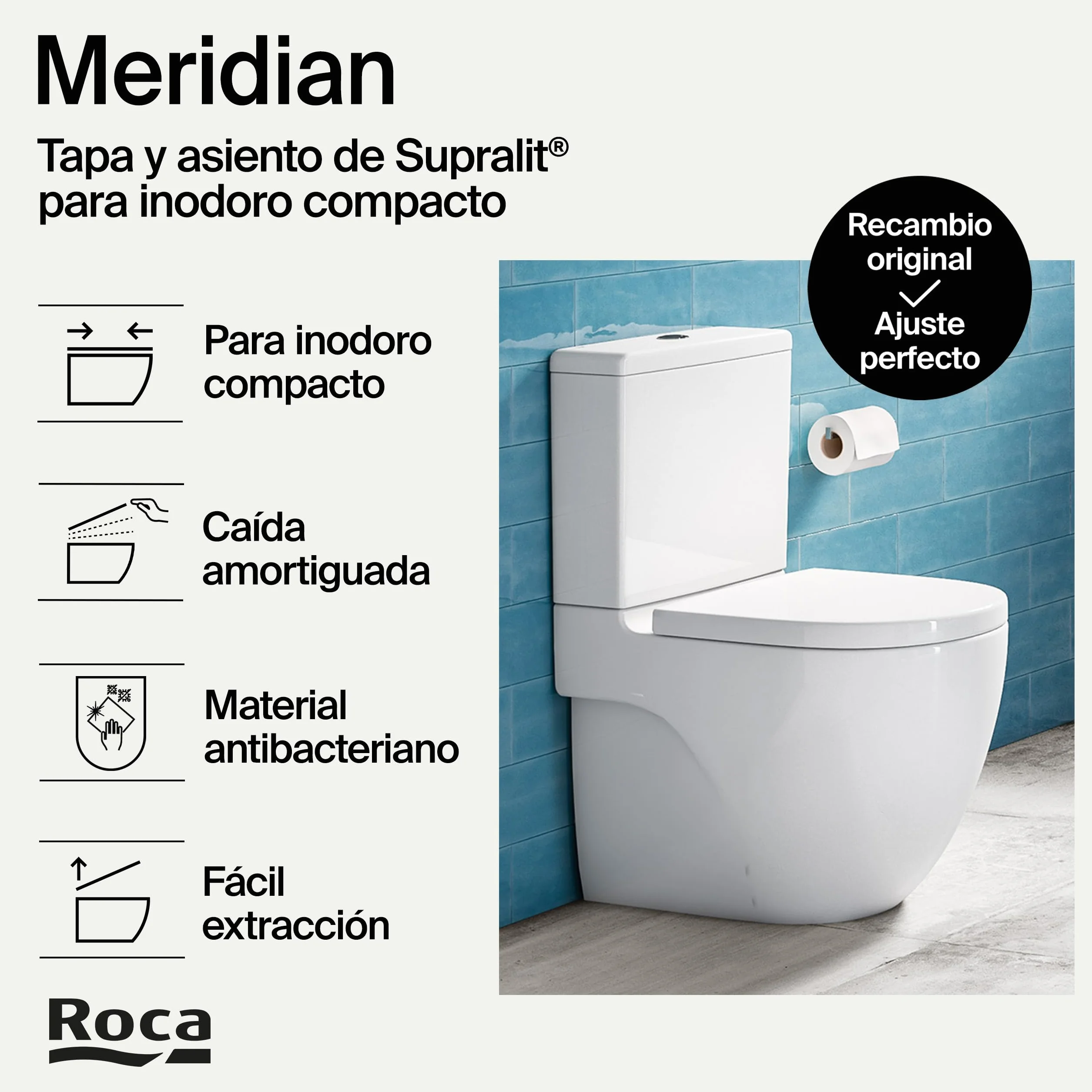 Roca Meridian - Tapa y asiento de Supralit para inodoro compacto con caída amortiguada, tapadera de WC original con ajuste perfecto, recambio de tapa de váter resistente, blanco, A8012AC00B