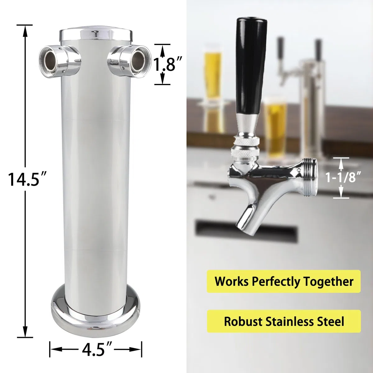 PERA Torre de grifo de cerveza doble de acero inoxidable de 3 pulgadas de diámetro, dispensador de torre Kegerator con núcleo SS, accesorio de montaje para cerveza casera, barril Kegerator