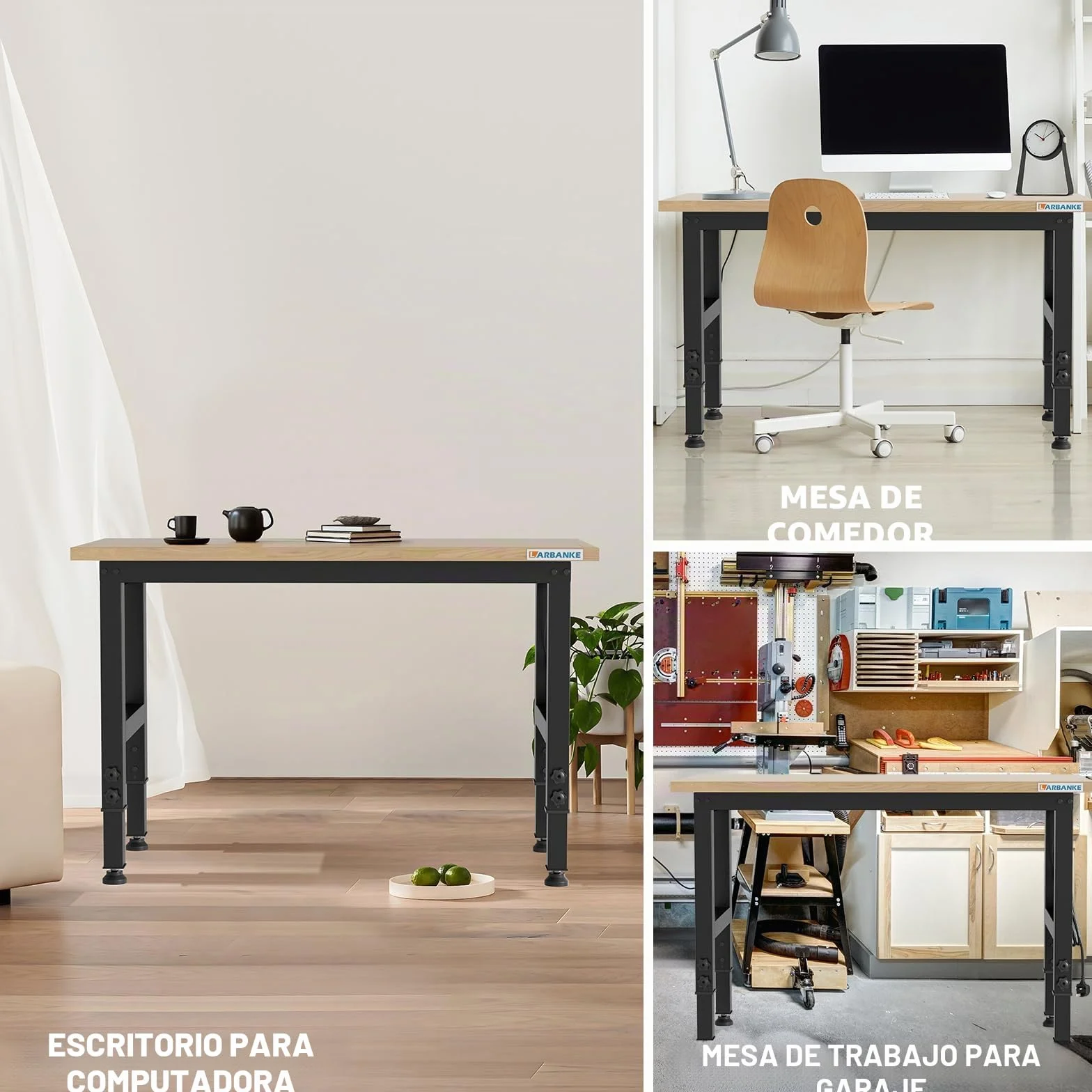 Banco de trabajo ajustable 120 cm 900 kg mesa de madera de caucho 5 alturas panel de alimentación