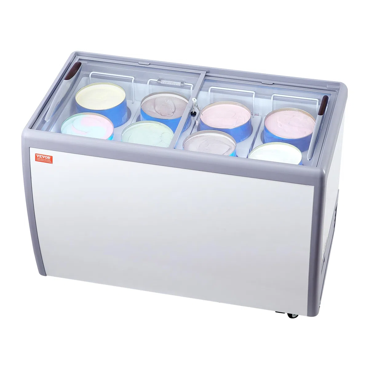VEVOR Vitrina Comercial para Helado, Congelador Horizontal de 370 L, Móvil con Tapa de Vidrio, con 8 Tinas Grandes, 2 Puertas Corredizas de Vidrio, Ruedas con Bloqueo, Blanco, 1260 x 715 x 875 mm