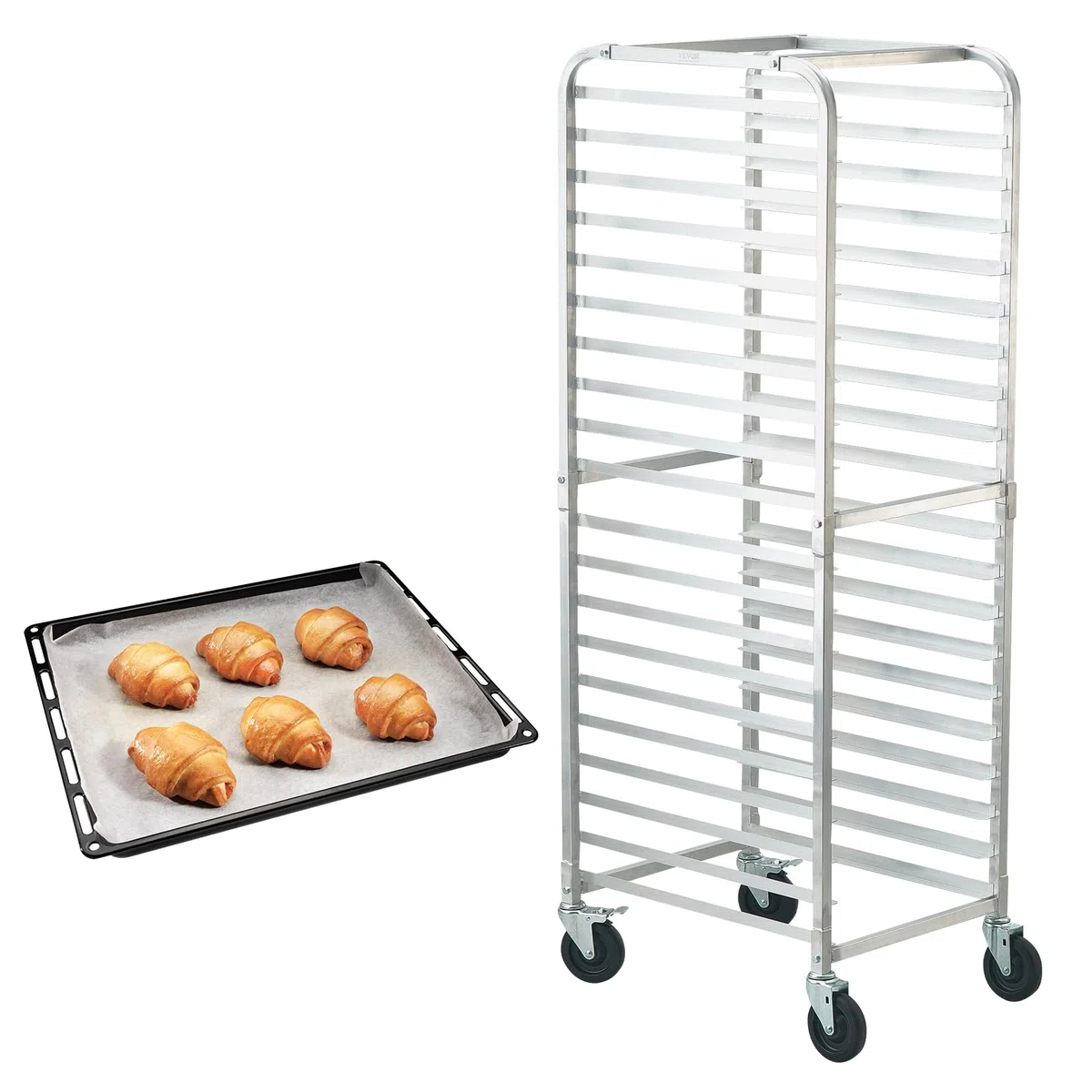 VEVOR Carro para bandejas de pan de 20 niveles, estante de panadería comercial con ruedas de freno, carro de almacenamiento de aluminio para bandejas completas de media hoja, equipo para hornear pan