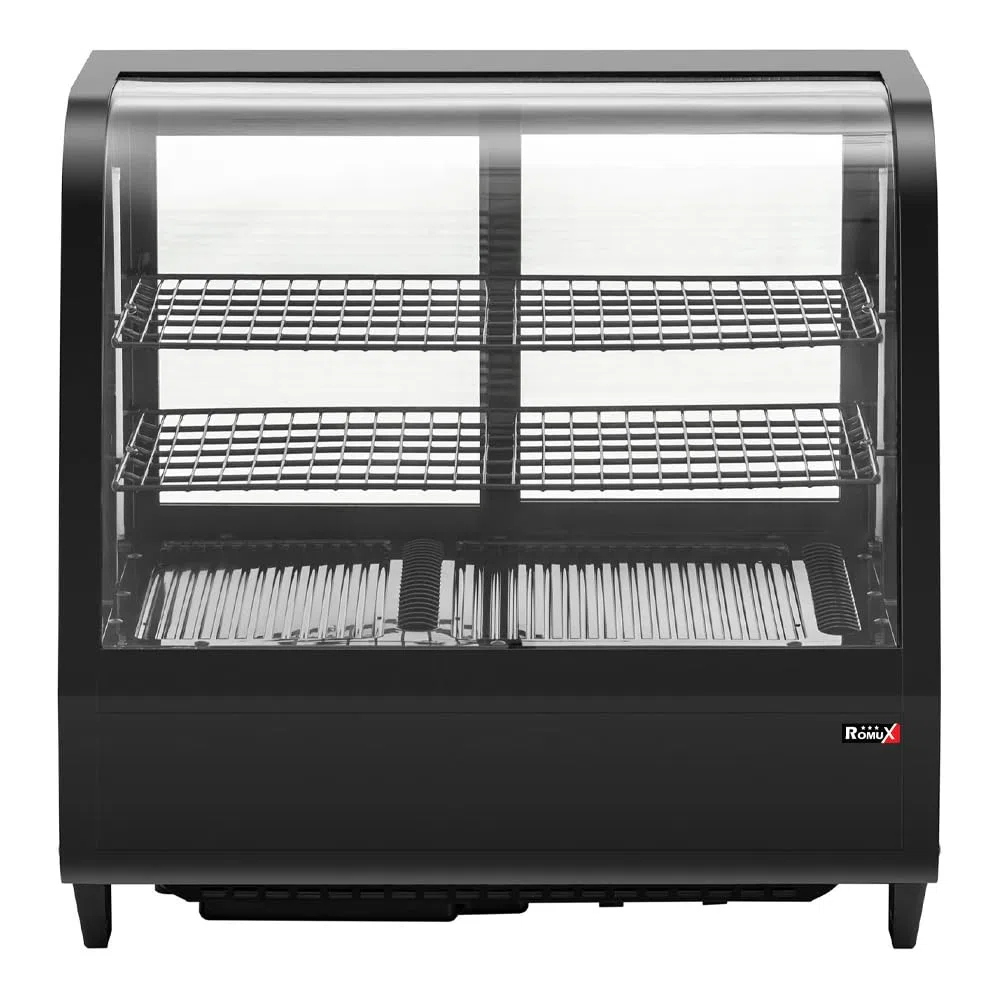Vitrina Pastelera Expositora Refrigerada 2 Estantes con 2 Puertas Correderas Negra 100 Litros Ventilada | Vitrina Sobremesa Cristal Curvado
