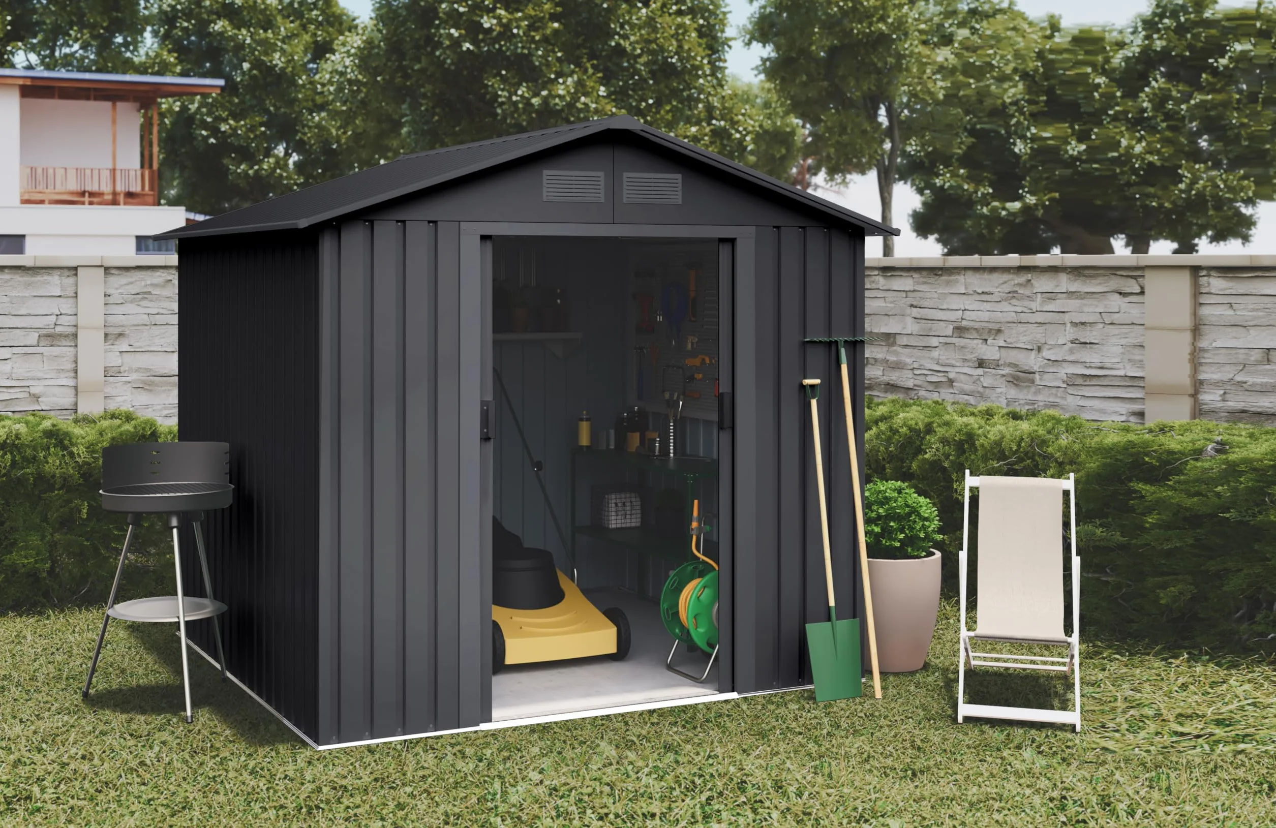 Caseta Metálica de Jardín 5,27m2 Antracita 202x261x202cm Puerta Corredera Doble Rejillas Anticondensación