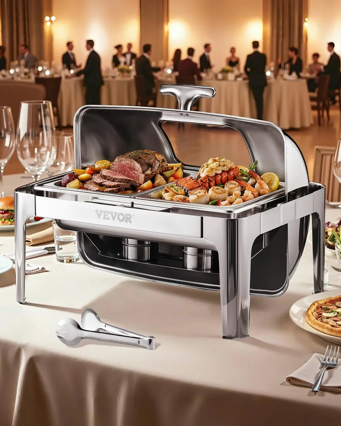 VEVOR Juego de Calentador de Alimentos de Acero Inoxidable con 2 Cacerolas de Tamaño Medio(3,9 L), Rectangular, Tapa Visible y Soporte para Bandeja de Agua y Depósito de Combustible, Plata, 1 ud
