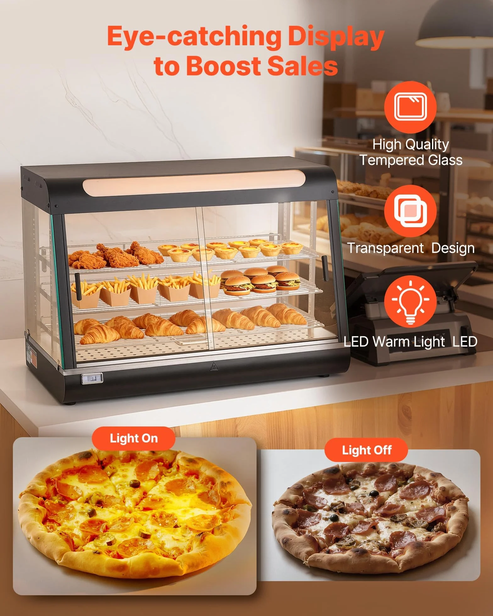 VEVOR Vitrina de Calor 3 Niveles 1400 W Expositor Calentador de Alimentos 130 L Luz LED Estantes Extraíbles