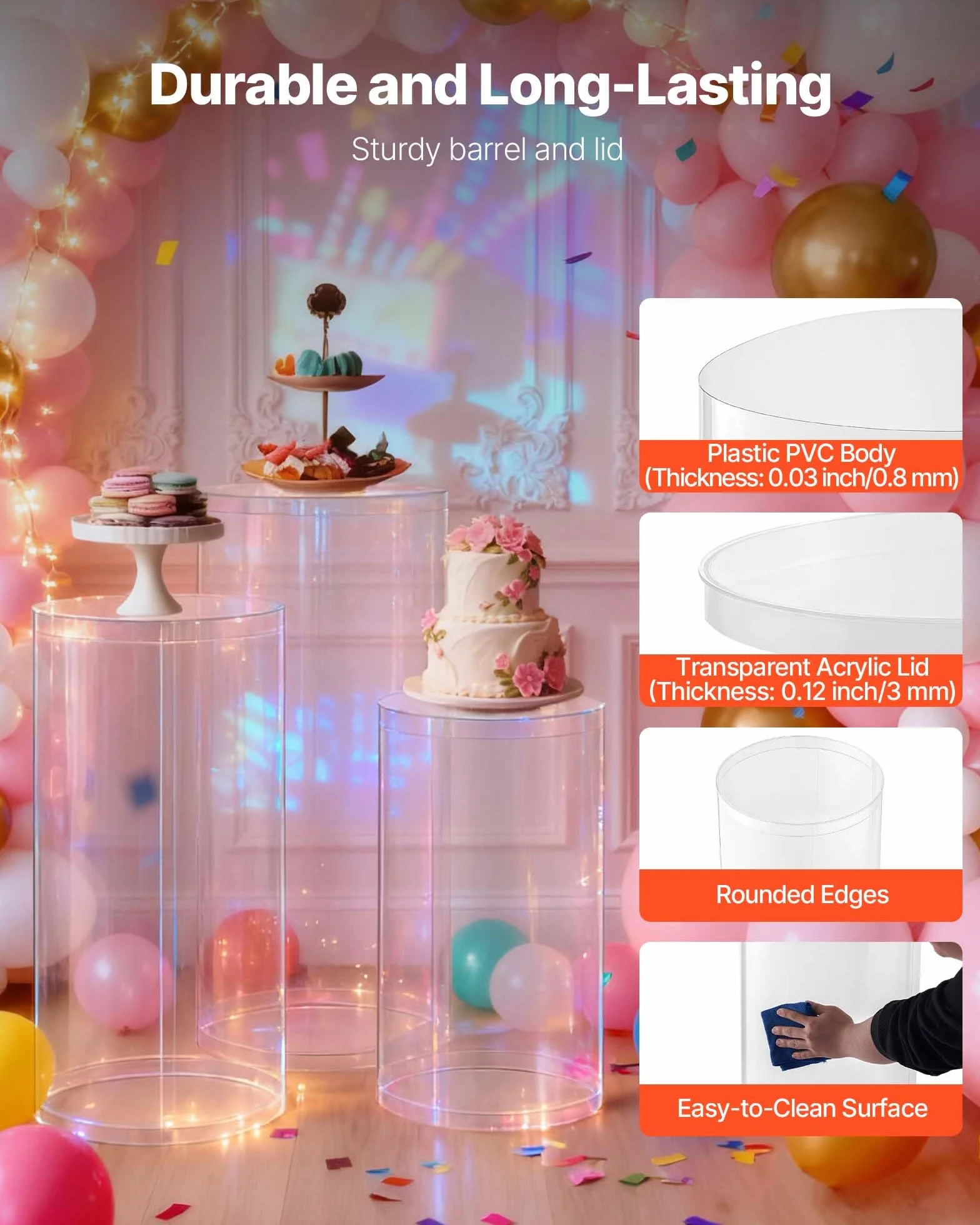 VEVOR Soporte Floral para Bodas, 3 uds, Pedestal Cilíndrico Redondo de 60/75/90 cm, con Tapa Acrílica Transparente, Diseño Moderno y Duradero, para Fiestas, Cumpleaños y Decoración Artística