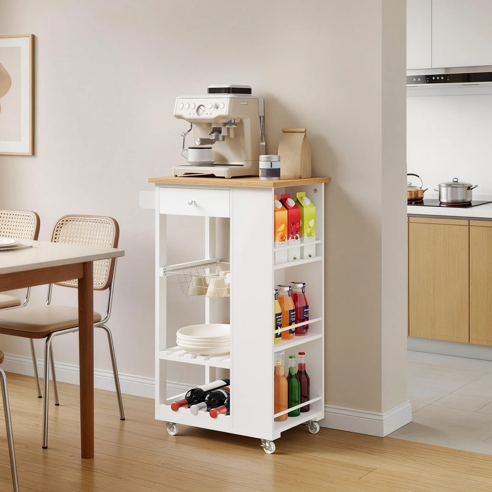 WOLTU Carrito Cocina con Ruedas, Carro Servicio con Cajón, Cesta, Estante Abierto, Botellero y Estantería Lateral en 3 Niveles, Isla de Cocina Multifuncional, MDF+Metal, Color Bambú + Blanco