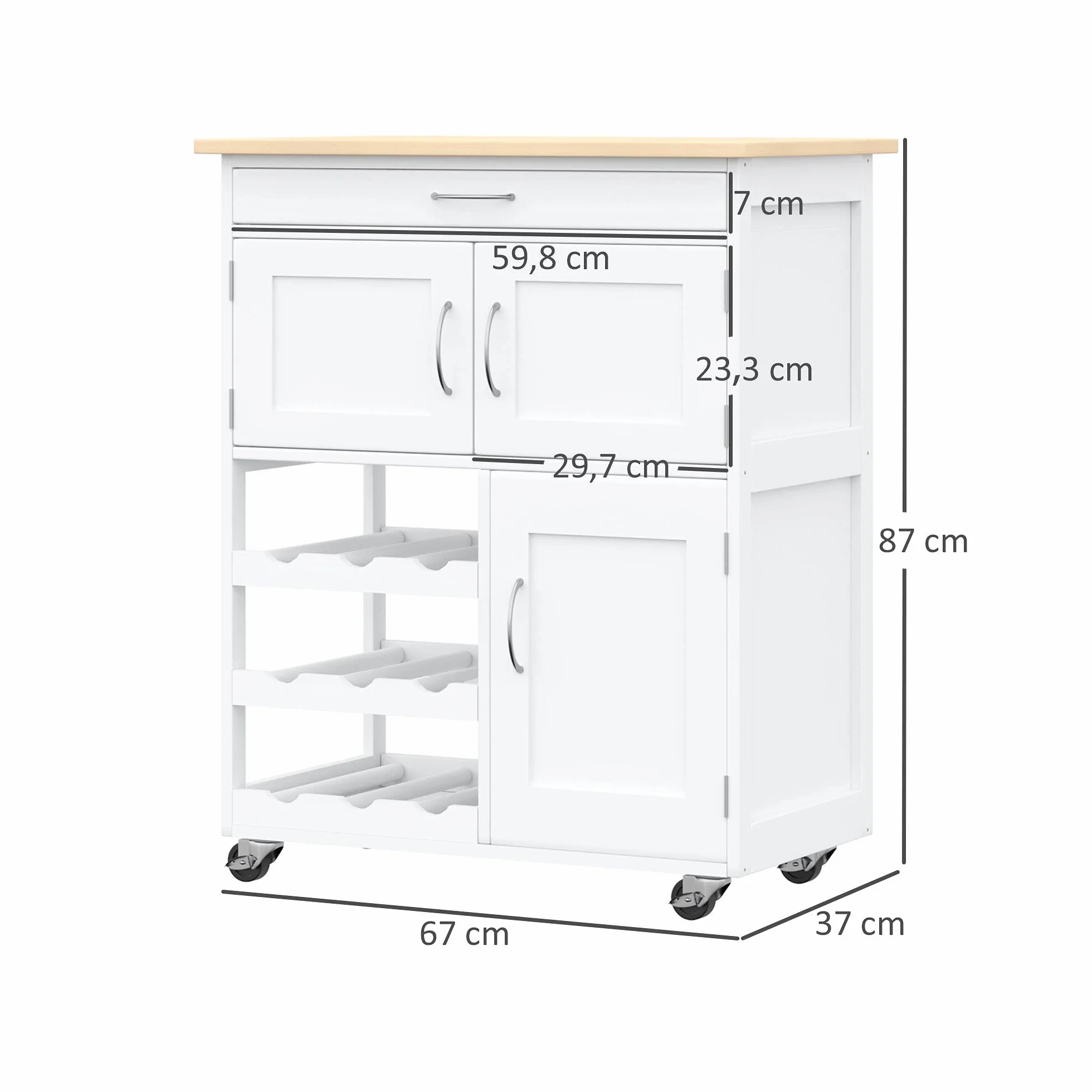 HOMCOM Carro de Cocina Carrito Auxiliar con Ruedas Cajón 2 Armarios de Almacenaje y 3 Estantes Abiertos de 9 Botellas para Comedor Restaurante 67x37x87 cm Blanco