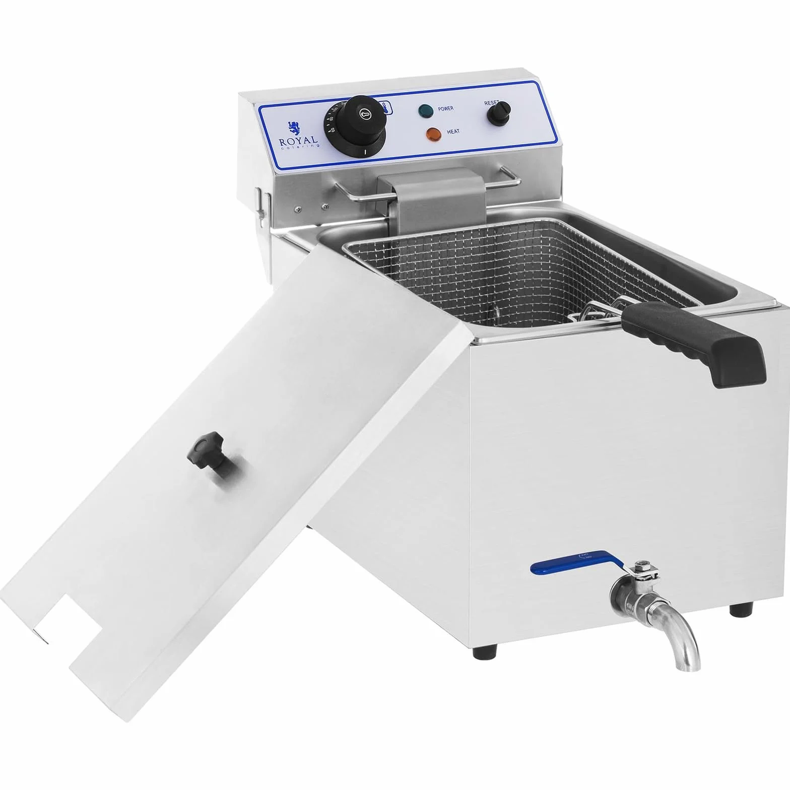 Royal Catering Freidora Electrica Profesional RCEF 15E (17 L, 3.000 W, Termostato, Rango de temperatura 60-200 °C, Grifo de vaciado, Acero inoxidable)