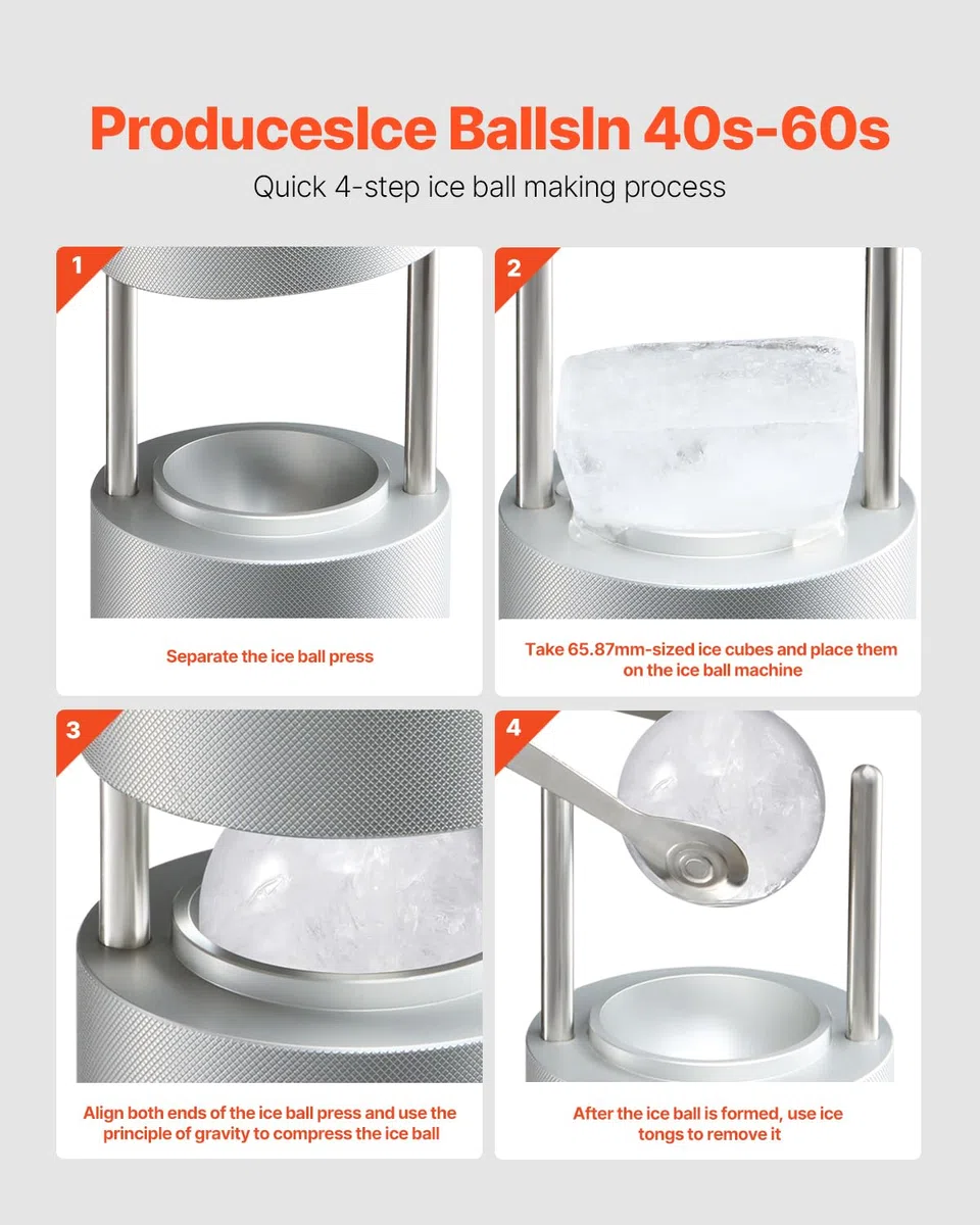 VEVOR Kit de Prensa para Bolas de Hielo Molde de Aluminio de Aviación para Cubitos de Hielo Máquina para Hacer Bolas de Hielo Redondas de 53 mm para Whisky, Cócteles en Fiestas, Días Festivos