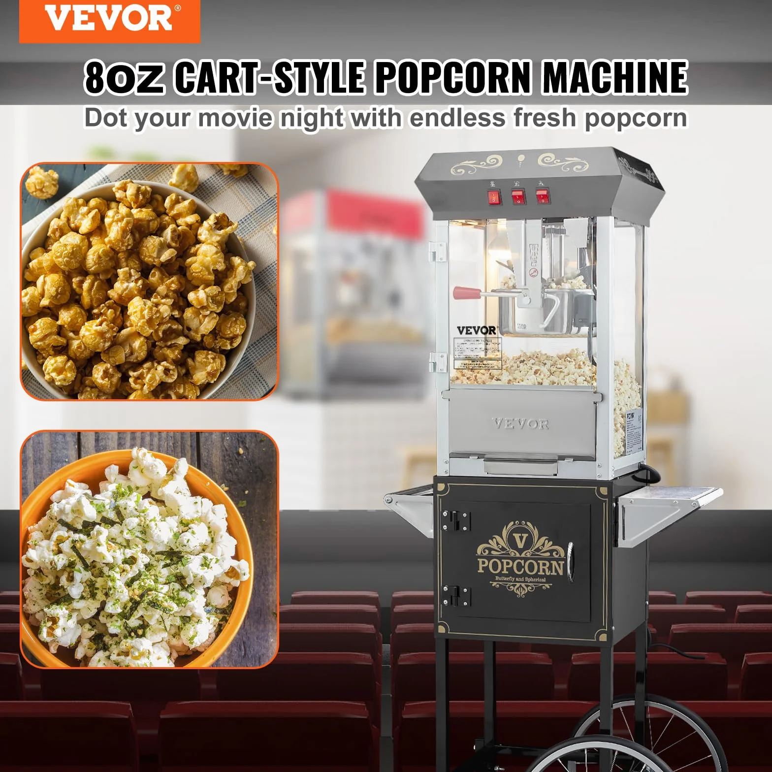 VEVOR Máquina para Hacer Palomitas de Maíz con Carrito, 850 W, 8 oz, 48 Tazas, Vidrio Templado, Negro