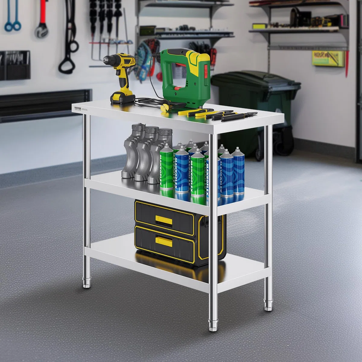 VEVOR Mesa de acero inoxidable para preparación de alimentos, 18 x 36 x 34 pulgadas, con 2 estantes ajustables y mesa de trabajo comercial