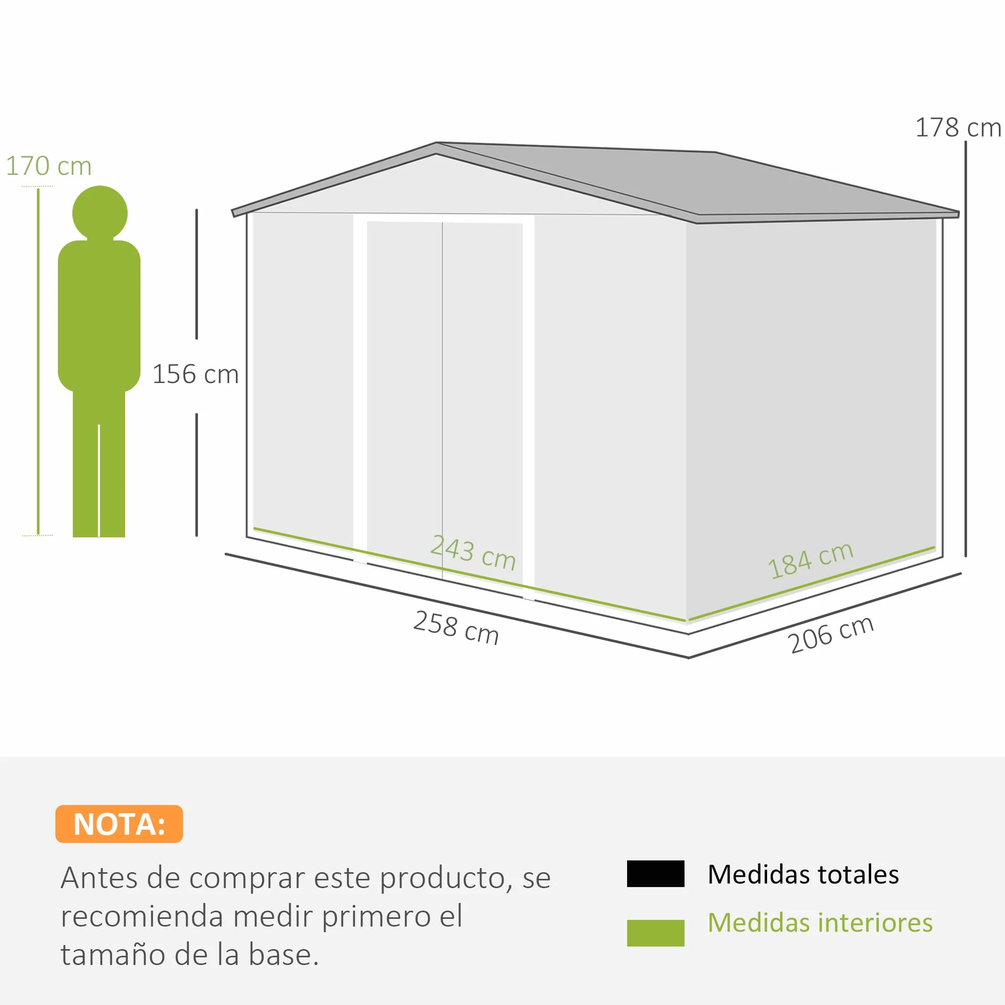 Outsunny Caseta de Jardín Exterior 258x206x178 cm 5,3m² Cobertizo con Puertas Correderas