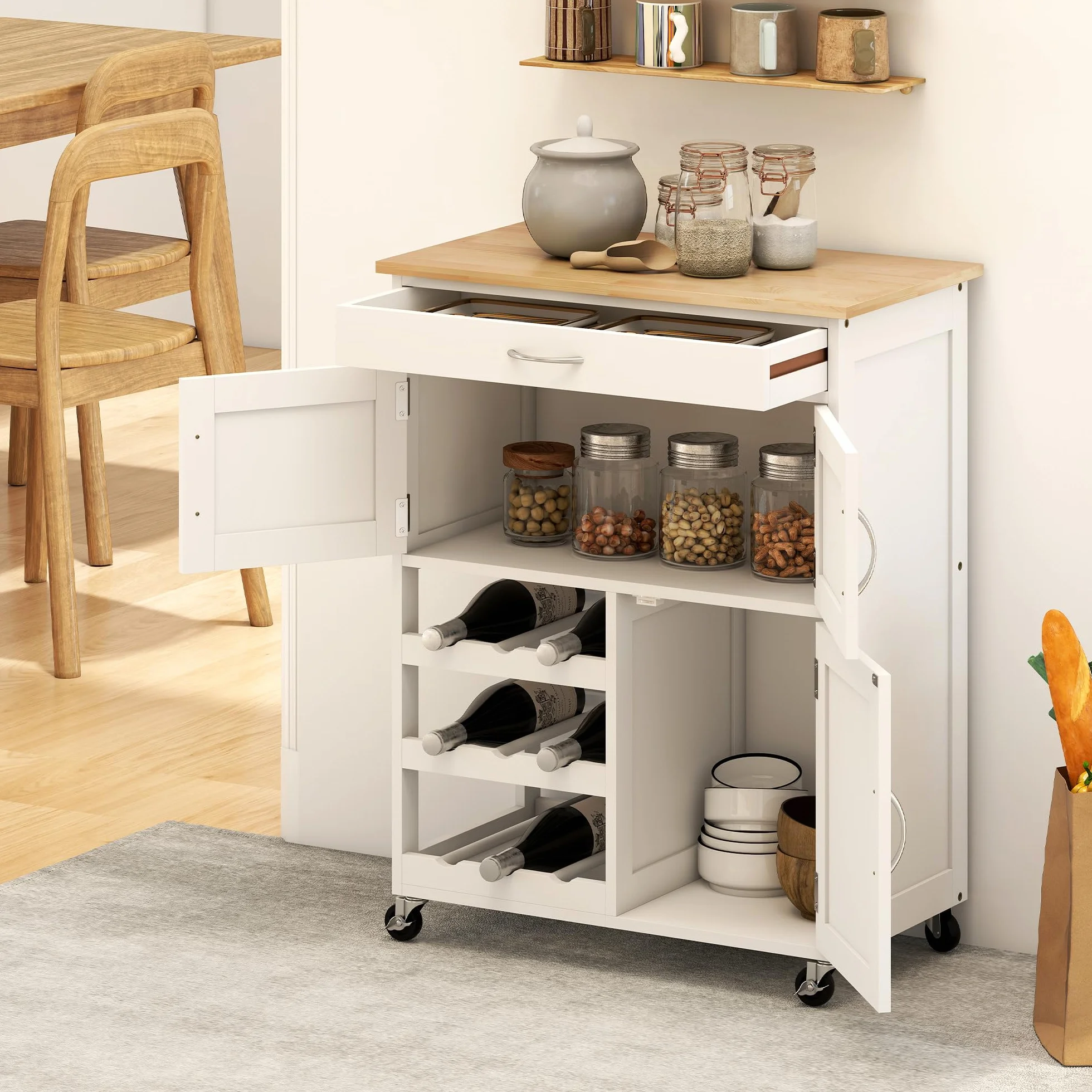 HOMCOM Carro de Cocina Carrito Auxiliar con Ruedas Cajón 2 Armarios de Almacenaje y 3 Estantes Abiertos de 9 Botellas para Comedor Restaurante 67x37x87 cm Blanco
