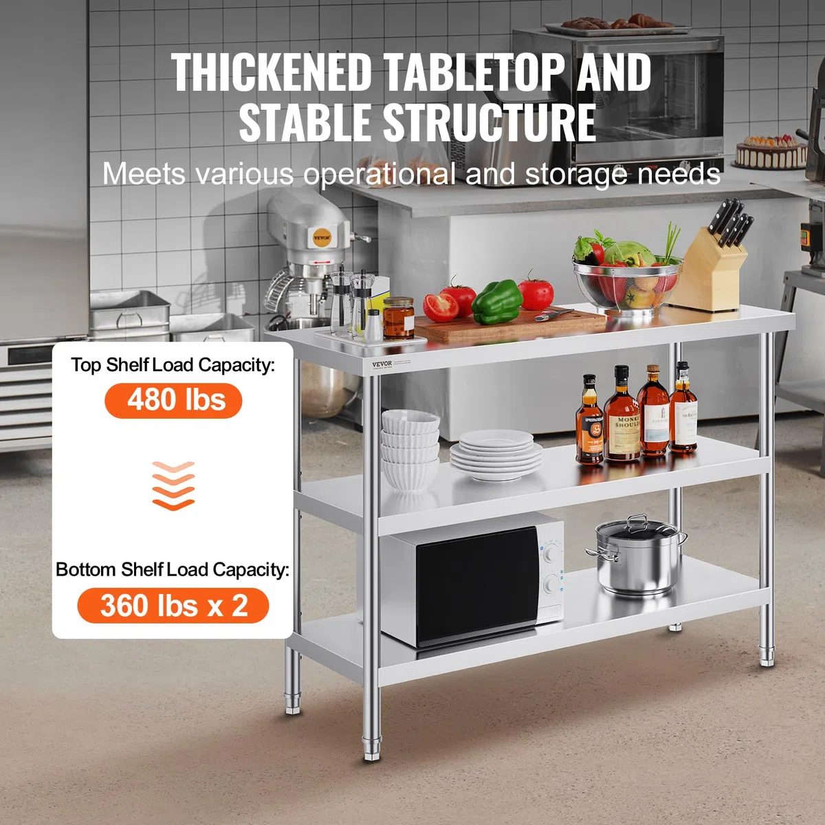 Mesa de Preparación VEVOR para Cocina y Hogar, 457x1219x864 mm, Acero Inoxidable, 2 Estantes Inferiores Ajustables