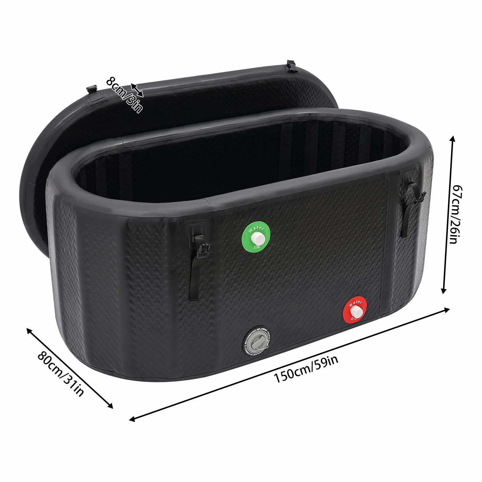 Cubo de hielo inflable con bomba inflable, bañera de hielo, terapia de frío ovalada para deportistas, campamentos de verano, interiores, exteriores (negro, 150 x 80 x 75 cm)