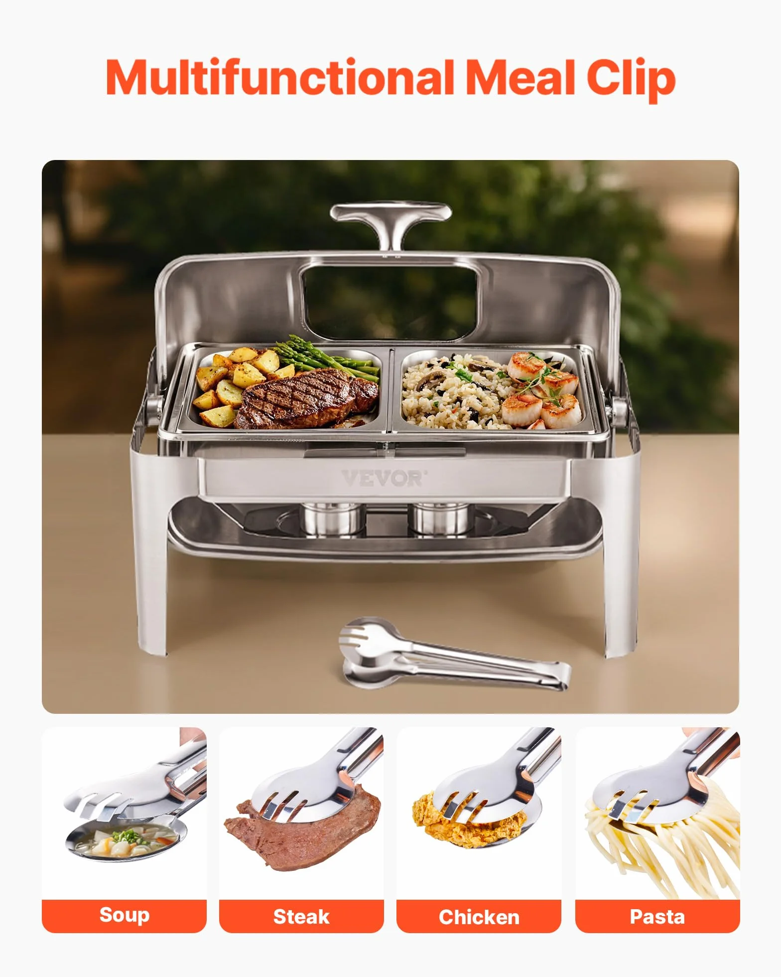 VEVOR Juego de Calentador de Alimentos de Acero Inoxidable con 2 Cacerolas de Tamaño Medio(3,9 L), Rectangular, Tapa Visible y Soporte para Bandeja de Agua y Depósito de Combustible, Plata, 1 ud