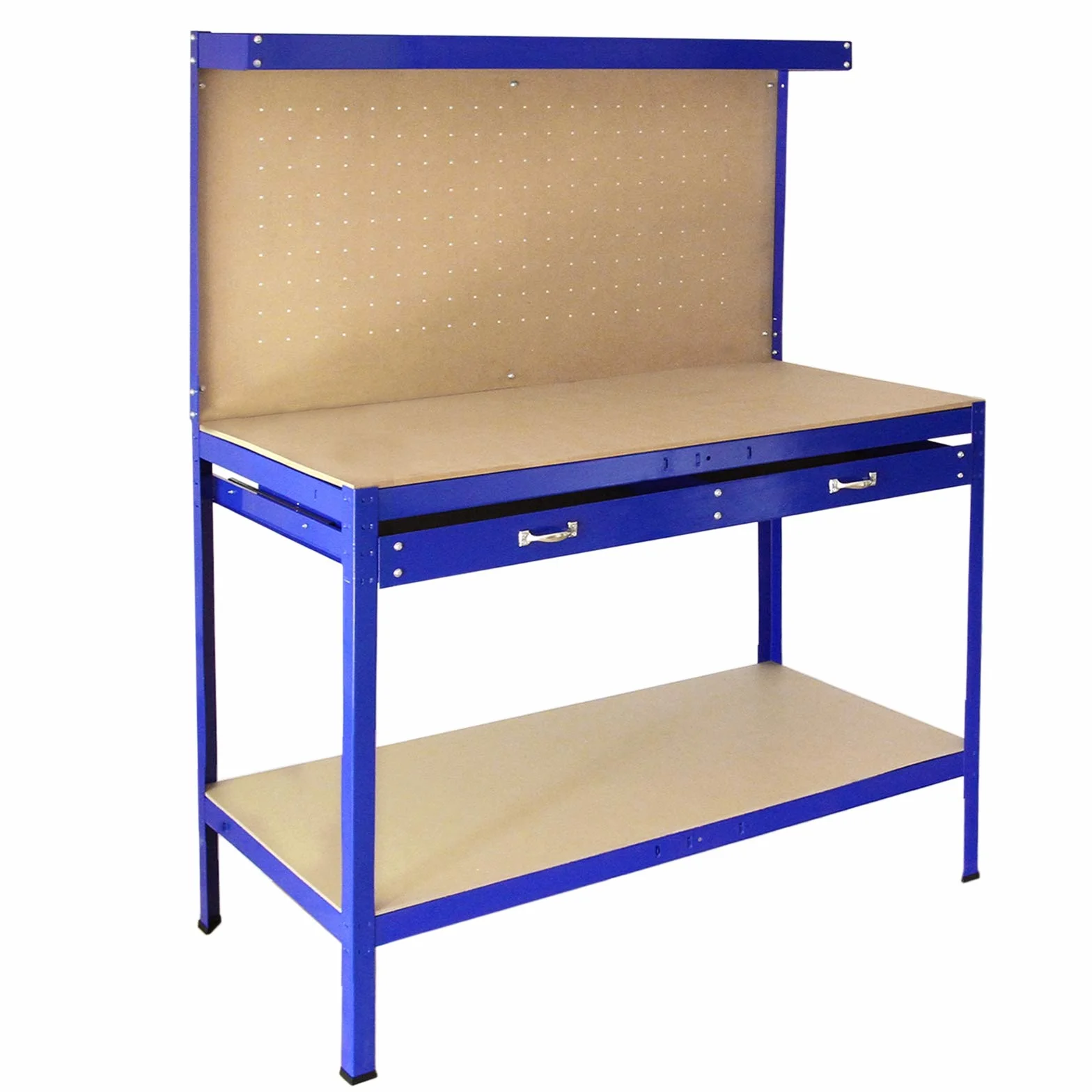 Mesa de Trabajo Metálica 155x120x60cm Banco de Trabajo Azul con Tablero de Clavijas y Cajón Capacidad 200kg Almacenamiento Herramientas Taller Garaje