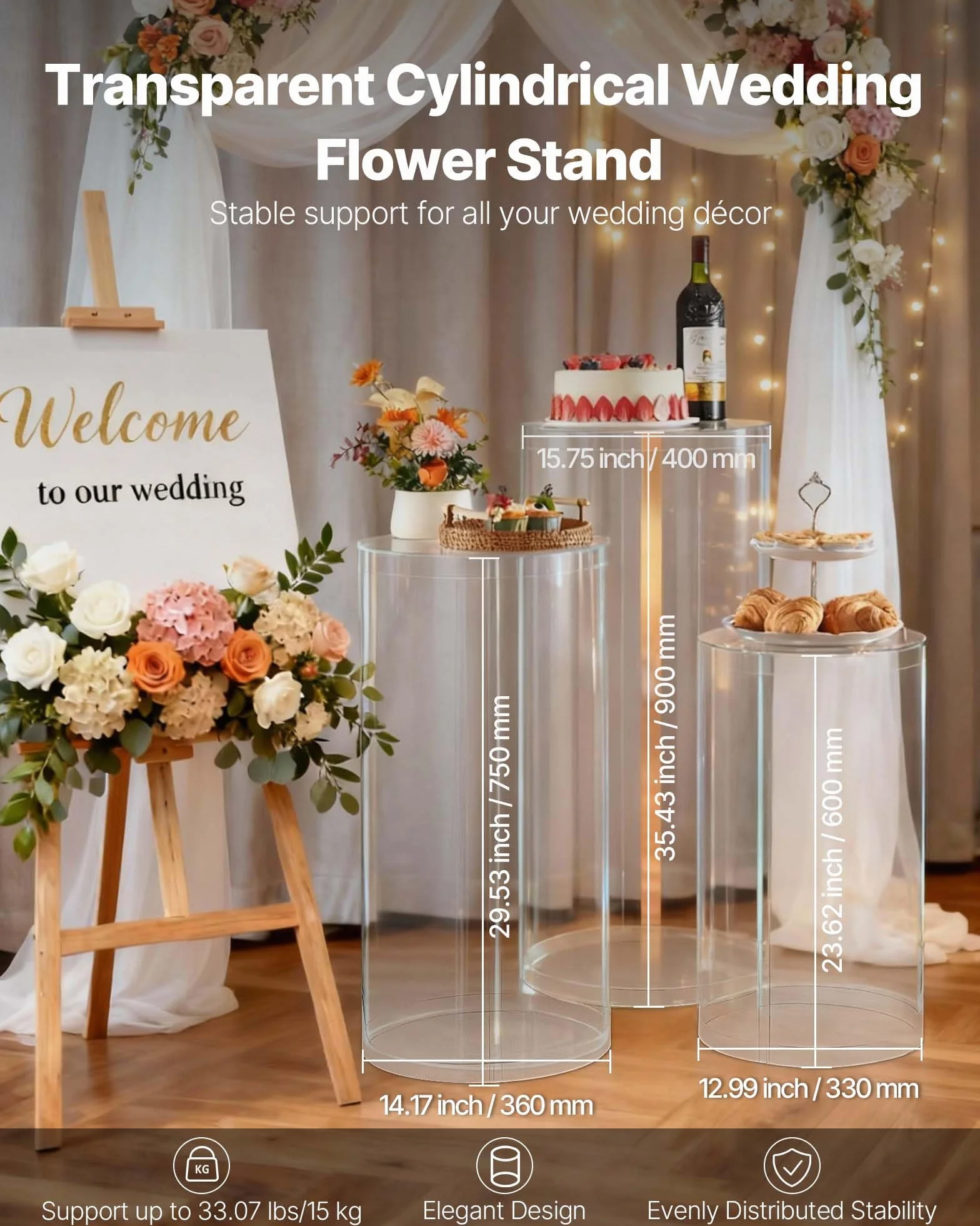 VEVOR Soporte Floral para Bodas, 3 uds, Pedestal Cilíndrico Redondo de 60/75/90 cm, con Tapa Acrílica Transparente, Diseño Moderno y Duradero, para Fiestas, Cumpleaños y Decoración Artística
