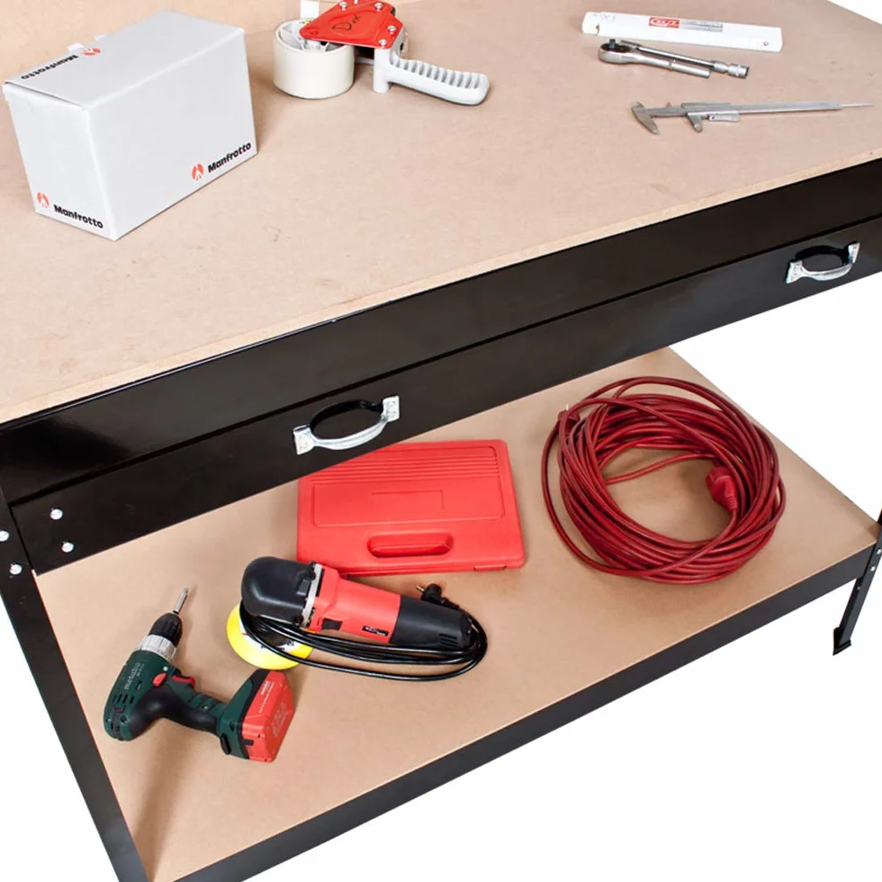 tectake Banco de Trabajo Mesa de Taller 12 Ganchos Panel Herramientas Cajón Grande 120x60x156 cm